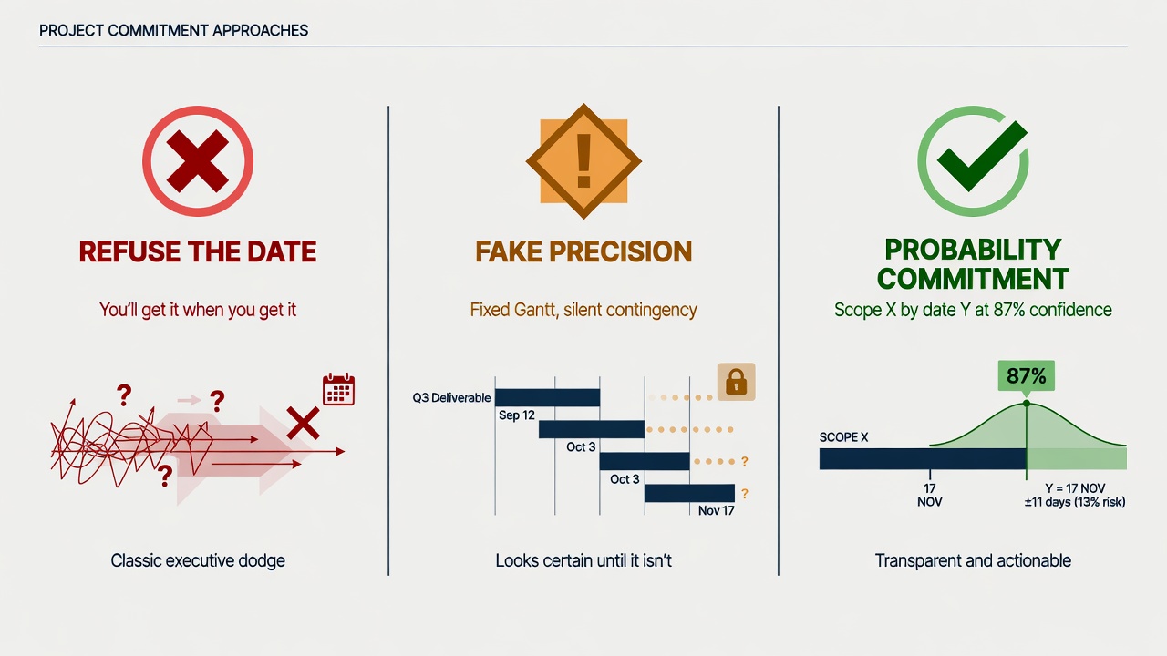 Three executive options: refuse the date, fake precision on a Gantt, or a probability commitment of scope X by date Y at 87 per cent confidence