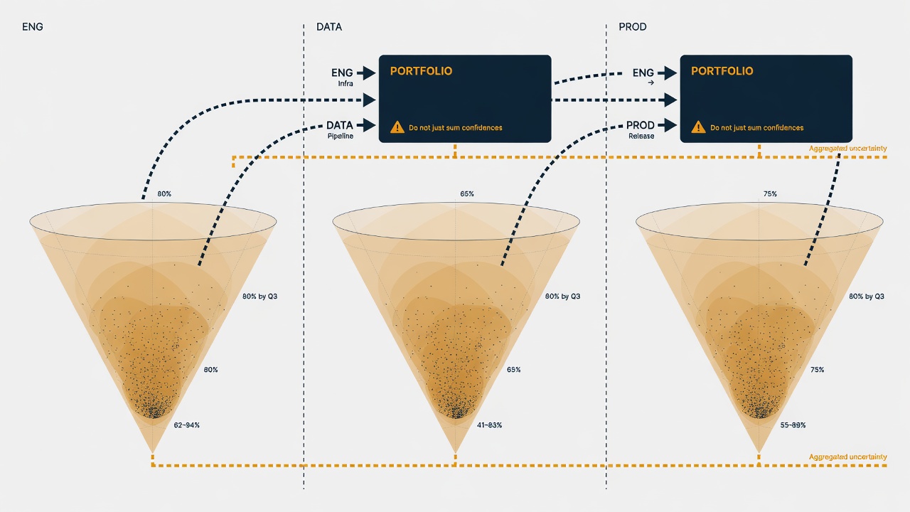 Three team Monte Carlo cones with dashed dependency arrows into a portfolio node warning not to sum confidences