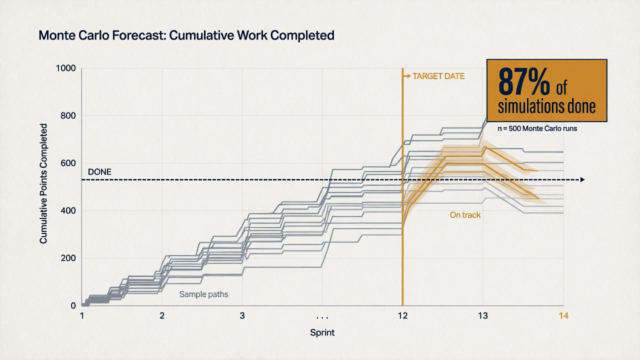 Many thin sample paths of cumulative work over sprints, with a target-date line and about 87 per cent of simulations done