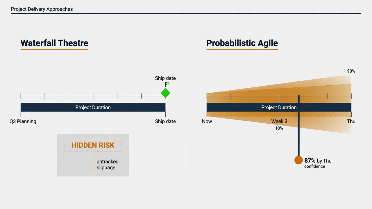 Split comparison of waterfall theatre with a single ship-date diamond versus probabilistic Agile with a confidence band marked 87 per cent by Thursday