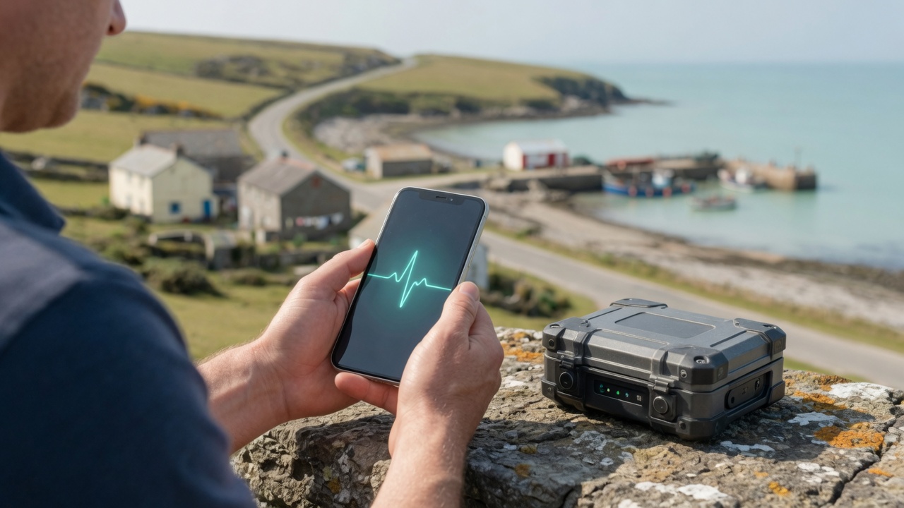 A phone and a compact edge box on a harbour wall above a remote seaside village in daylight
