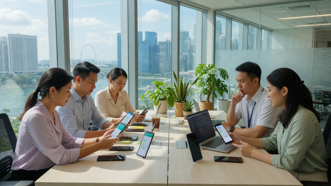 วิศวกรมือถือในออฟฟิศสว่างไสวที่สิงคโปร์เปรียบเทียบ customer journey บนโทรศัพท์หลายเครื่องที่ปลายโต๊ะด้านหนึ่ง ขณะที่อีกคู่ทำงานจากแล็ปท็อปและโทรศัพท์เครื่องเดียว โดยมีเส้นขอบฟ้าของเมืองในเวลากลางวันพาดผ่านกระจก