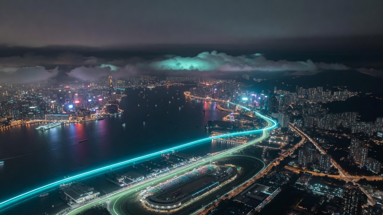 Hong Kong harbour at night with local edge glow in the foreground and distant centralised cloud on the horizon