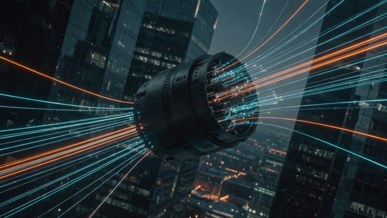 Abstract matching-engine light trails implying deterministic low-latency motion