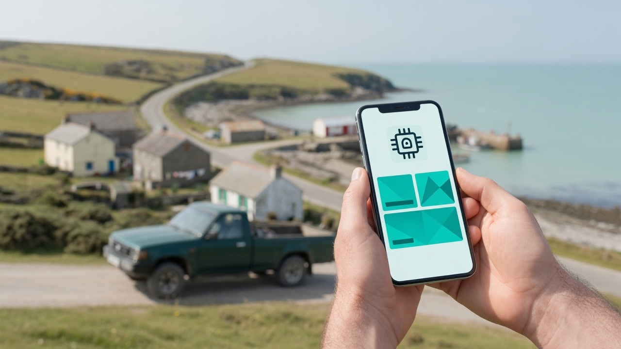 A phone presenting hardware-backed credential tiles above a rural seaside claims site in daylight